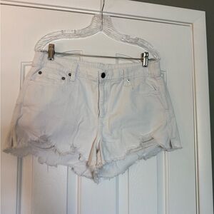 Aerie White Jean Shorts with Distressed Hem and Elastic Waistband on the back